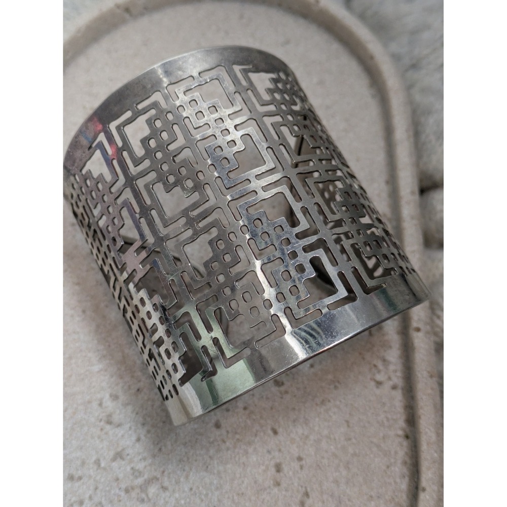 Wide Silver Tone Cuff Bracelet With Labyrinth Maze Pattern Modernist Sculptural